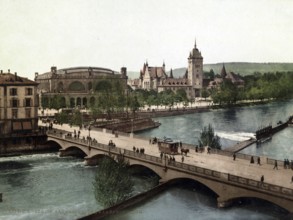 Bahnhofbrücke und Landesmuseum, Zurich, Switzerland, digitally restored reproduction from a 19th