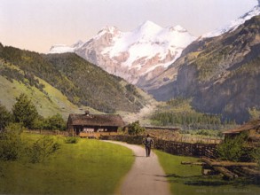 Blümlisalp und Chalets, Bernese Oberland, Switzerland, Historic, digitally restored reproduction