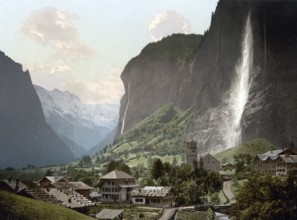 Jungfrau und Staubbach, Bernese Oberland, Switzerland, Historic, digitally restored reproduction