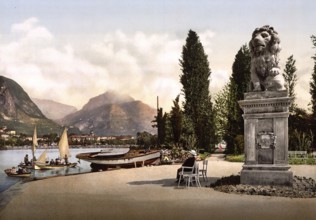 Park of the Hotel Lido, Riva, Lake Garda, Italy, Historical, digitally restored reproduction from a