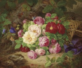 Lush bouquet of flowers on the forest floor, painting by Josef Lauer (1818, 1881), Austrian still