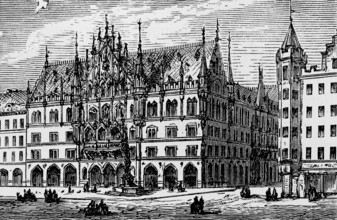 New town hall on Marienplatz in neo-Gothic architecture, Munich city administration, fountain,