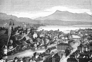 City view of Lucerne with parts of the old city fortifications Musegg wall and Musegg towers, Lake