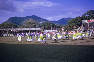 Colourful young female dancers, Port of Spain, Trinidad c 1962 independence pageant