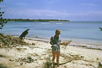 Expatriate tourist woman beachcomber walking along sandy beach by blue sea, island of Tobago, 1963