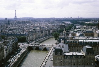 City view from Notre Dame Cathedral, Paris, France, 1970 with a view of the Seine and the Eiffel