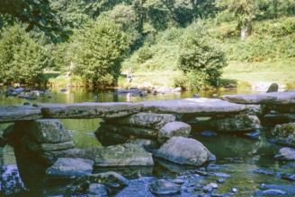 Tarr Steps bascule bridge, River Barle, Exmoor National Park, Somerset, England, Great Britain,