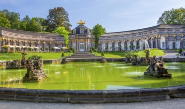 Upper Grotto with water features in front of the New Palace with Temple of the Sun in the Hermitage