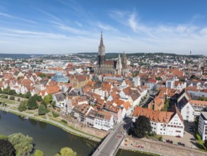 Aerial view of Ulm's historic city centre with the Danube and the cathedral, Ulm,