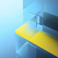 Translucent geometric shapes create depth with sharp angles and smooth transitions, yellow and blue