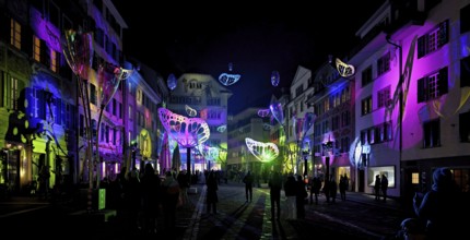 Light installation, on building facades and sculptures in the form of glasses and butterflies in