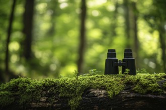 Black binoculars lying on moss covered tree in forest. Generative AI, AI generated