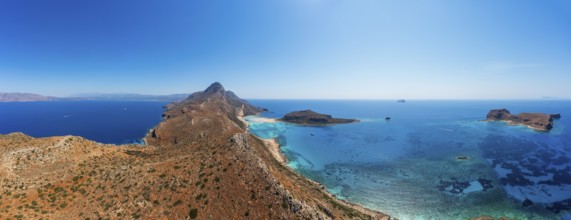 Drone shot, Gramvousa peninsula with view to the beach and bay of Balos, Kolimbari, West Crete,