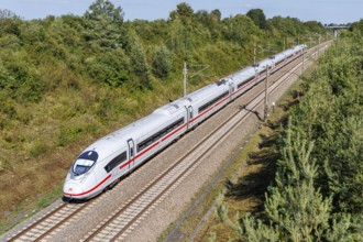 ICE 3 Siemens Velaro D train of Deutsche Bahn DB on the new Mannheim-Stuttgart line in Möglingen,