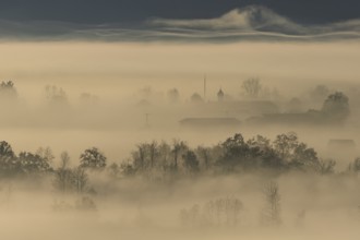 Foggy mood, fog, morning light, backlight, church tower, autumn, Loisach-Lake Kochel moor, view of