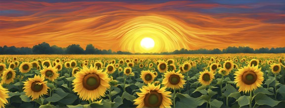 Abstract illustration of a field of sunflowers backlight with beautiful sunrise, AI generated