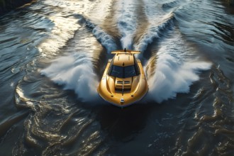 Aerial view on a high speed boat racing along a rivers serpentine, AI generated