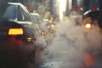 City street full of smoke caused by car exhaust gas, KI generiert, generiert, AI generated