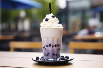 Blueberry milkshake on cafe table. KI generiert, generiert, AI generated