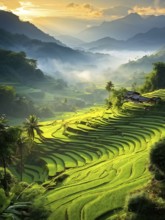 Early morning light bathes Philippines rice terraces cascading down mountain slopes, AI generated