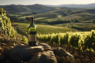 Aged bottle of wine glowing under the low sun with a vineyard in the background, AI generated