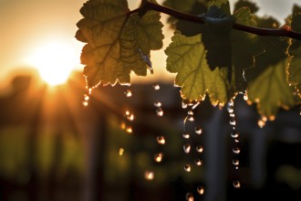 AI generated active vineyard irrigation system bathing under the blazing summer sunlight