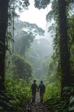 Adventurous couple hiking through dense amazon rainforest, AI generated