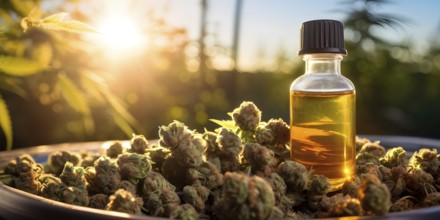 Glass jar filled with dried cannabis buds and oil on a weathered wooden counter, AI generated