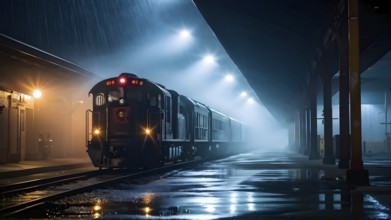 Nighttime train wash in a misty depot with water spray, AI generated