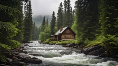 Rustic log cabin nestled in a dense evergreen forest with a river with whitewater in the