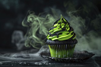 Halloween cupcake with bright neon green and black frosting. Generative Ai, AI generated