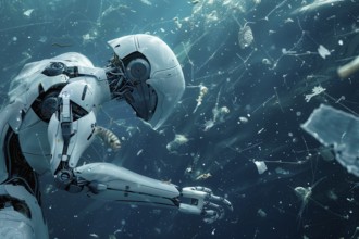 Robot surrounded by floating trash in deep sea, AI generated