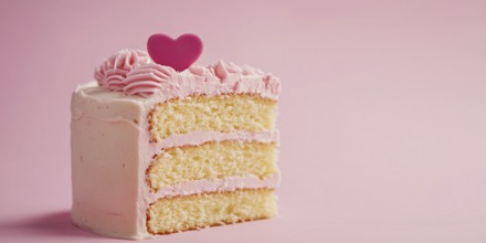 Slice of layered cake with heart on pastel pink background with copy space. Generative Ai, AI