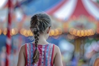 Back view of young female child looking at circus tent. Generative Ai, AI generated