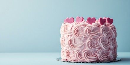 Whole pink cream cake with hearts on pastel blue background with copy space. Generative Ai, AI