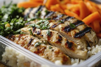 Close up of meal prep with healthy grilled chicken breast, carrots and rice. Generative Ai, AI