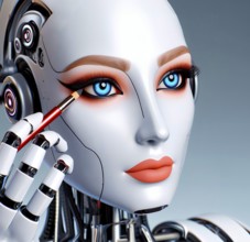 A humanoid robot with red lips applies make-up to its eyes, symbolic image aesthetics of