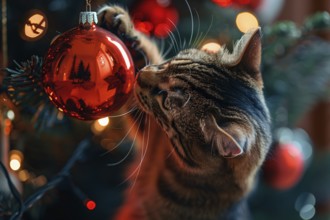 Cat playing with red Christmas tree bauble. Generative AI, AI generated