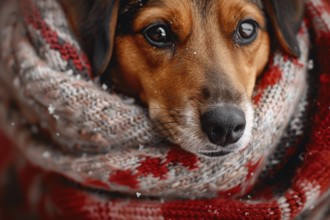 Close up of dog wrapped in warm knitted winter scarf with snow. Generative AI, AI generated