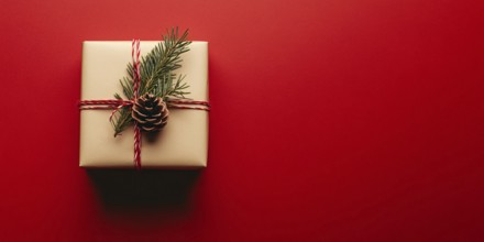 Banner with small Christmas gift box wrapped in graft paper on red background with copy space.