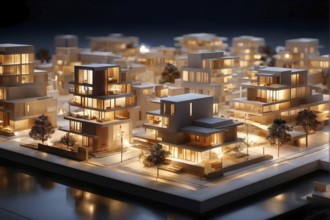 Modern architectural model crafted from polished wood bathed in soft diffuse light, AI generated