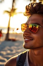 Portrait of a young man with modern vibrant sunglasses with sandy beach in background, AI generated