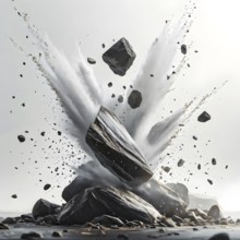 Rock stone explosion on a white background with cascading dust, AI generated