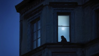 Lonely man lost in the realm looking out of a weathered window as symbol for loneliness, AI