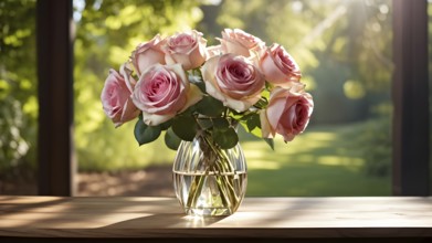 Vase of pink roses aligned on an aged oak wood table, AI generated