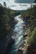 Aerial view of a meandering river winding through a nordic landscape, AI generated