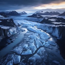 Aerial view of a stunning glacier with blue ice formations, AI generated