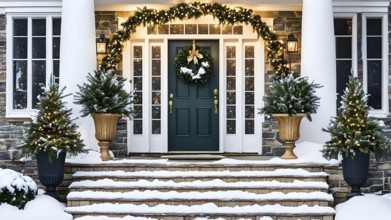 Festive front porch with holiday garlands wrapped around the columns, a wreath hanging on the door,