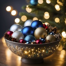 Christmas tree ornaments in a bowl, featuring a mix of glass baubles, pine cones, and fairy lights,