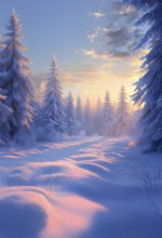 Peaceful snowy forest clearing at dawn with snow softly blanketing the ground and frost-covered